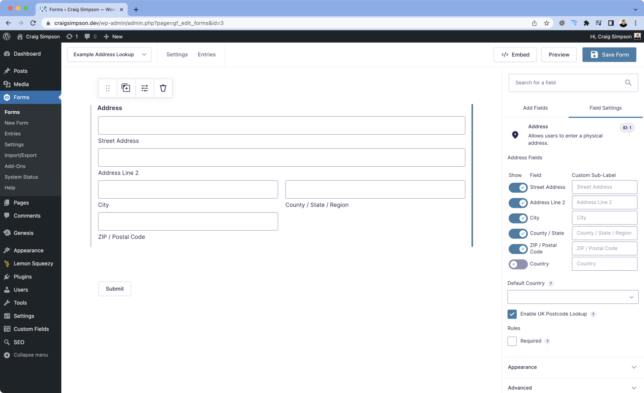 Gravity Forms Address field settings with the Enable UK Postcode Lookup checkbox ticked