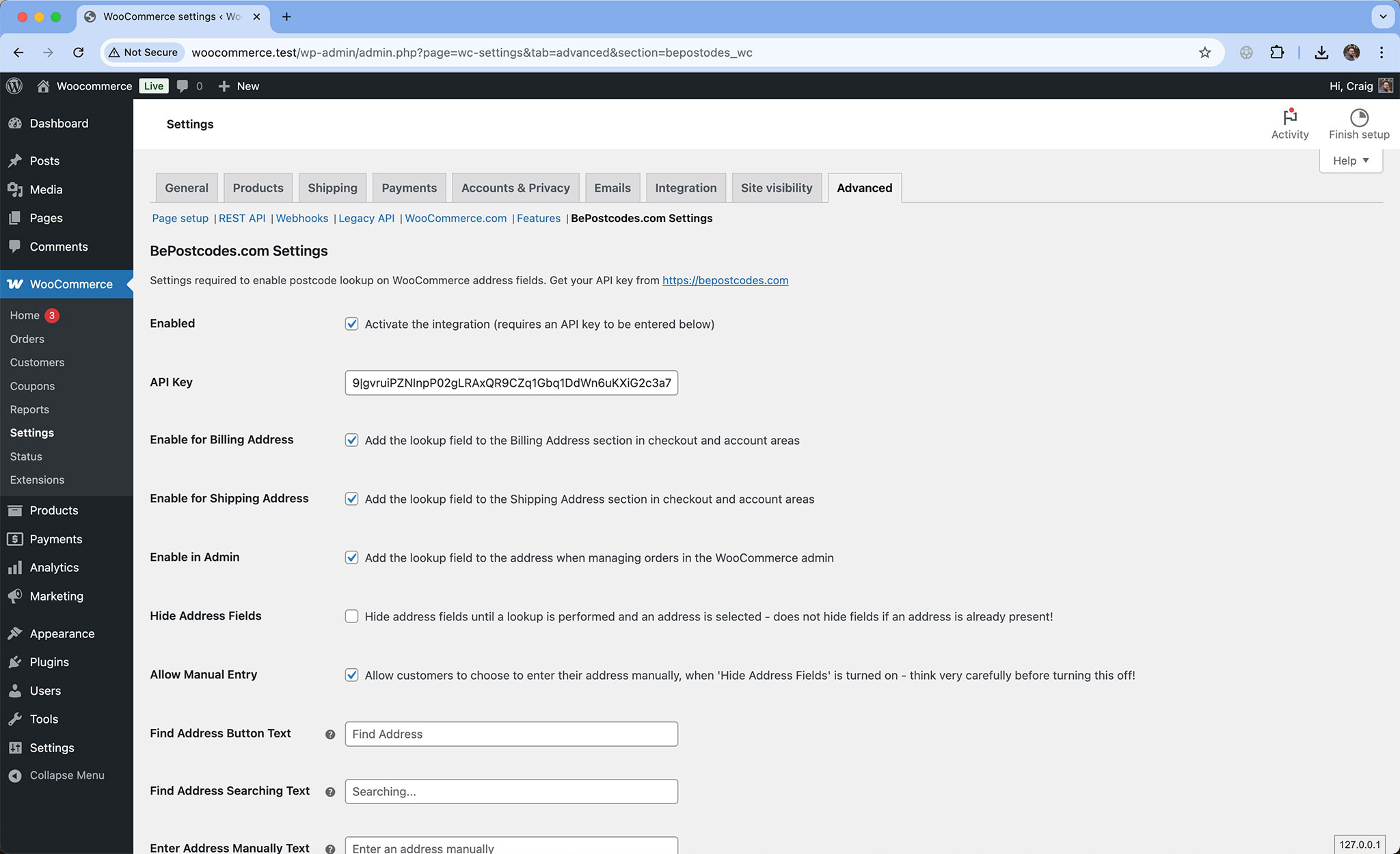 The BePostcodes.com Settings section under WooCommerce Settings, Advanced