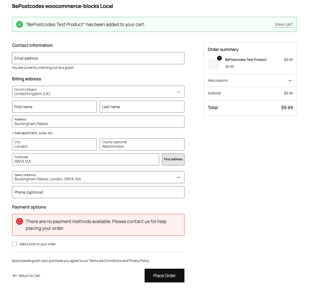 The WooCommerce Checkout block after a successful lookup, with the billing address filled in
