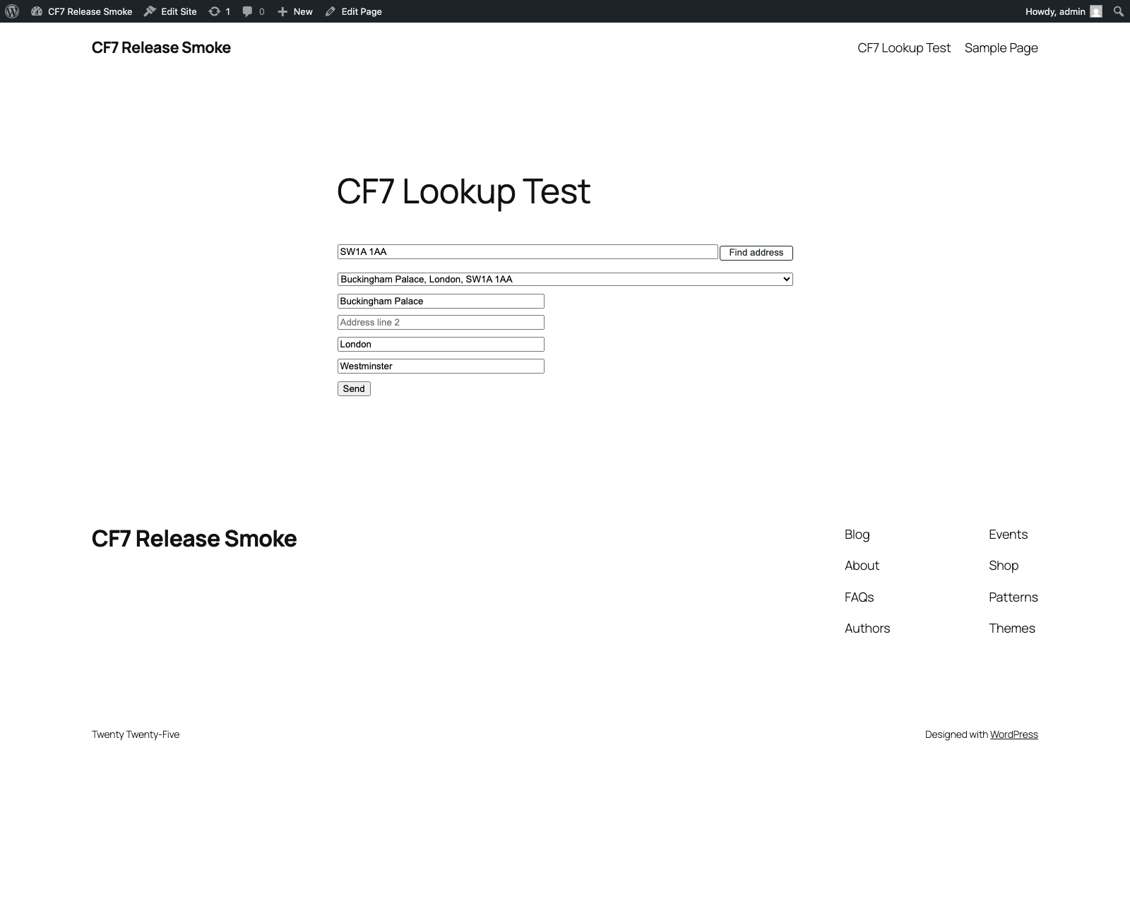 A Contact Form 7 form after a successful lookup, with the mapped address fields filled in