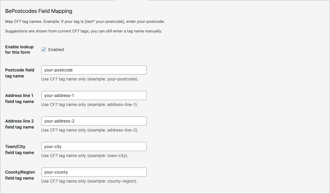 The BePostcodes tab in the Contact Form 7 editor with the postcode, address line 1 and town tags mapped