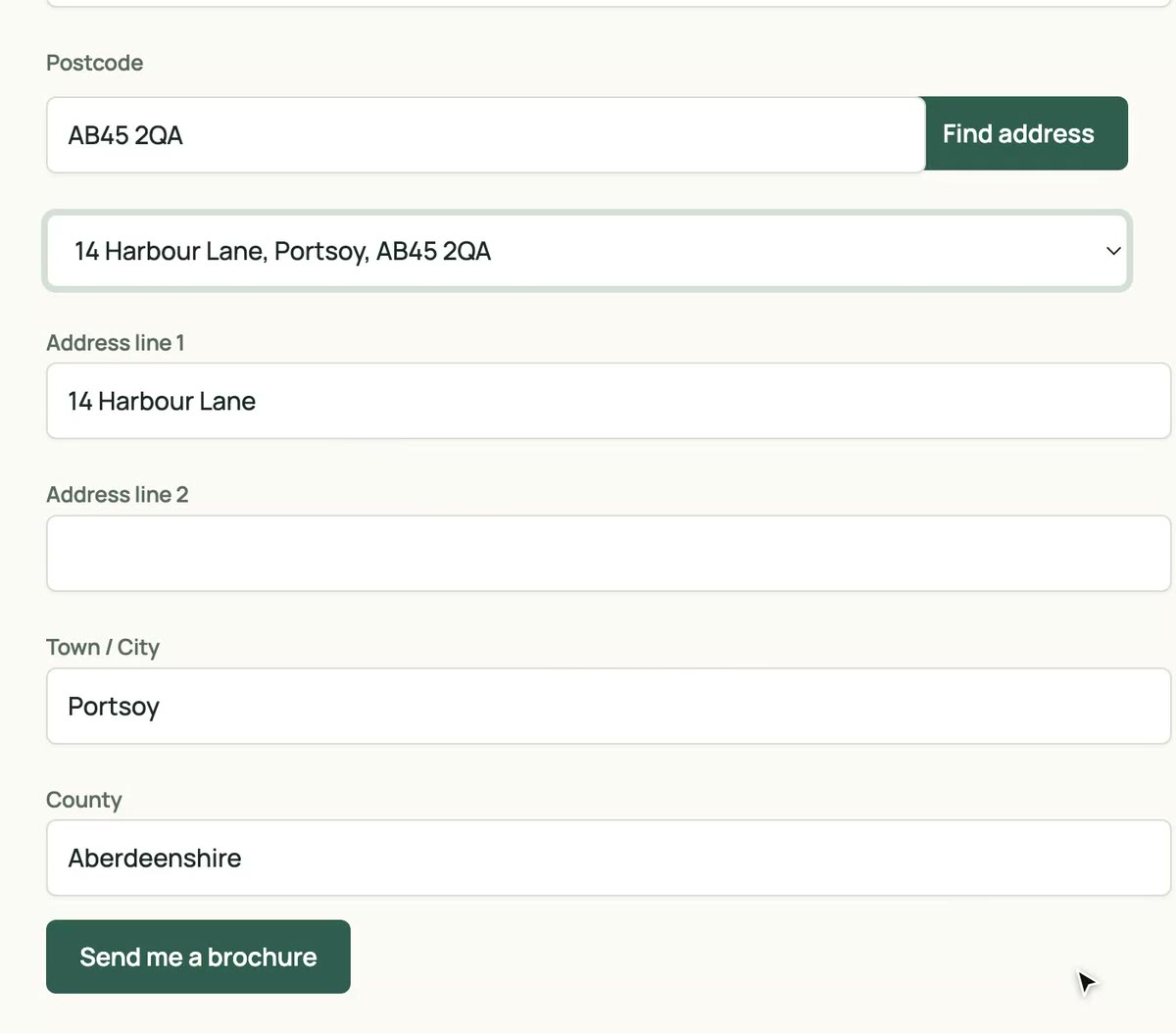A visitor types a postcode into a Contact Form 7 form, clicks Find address, picks their address and the mapped fields fill in
