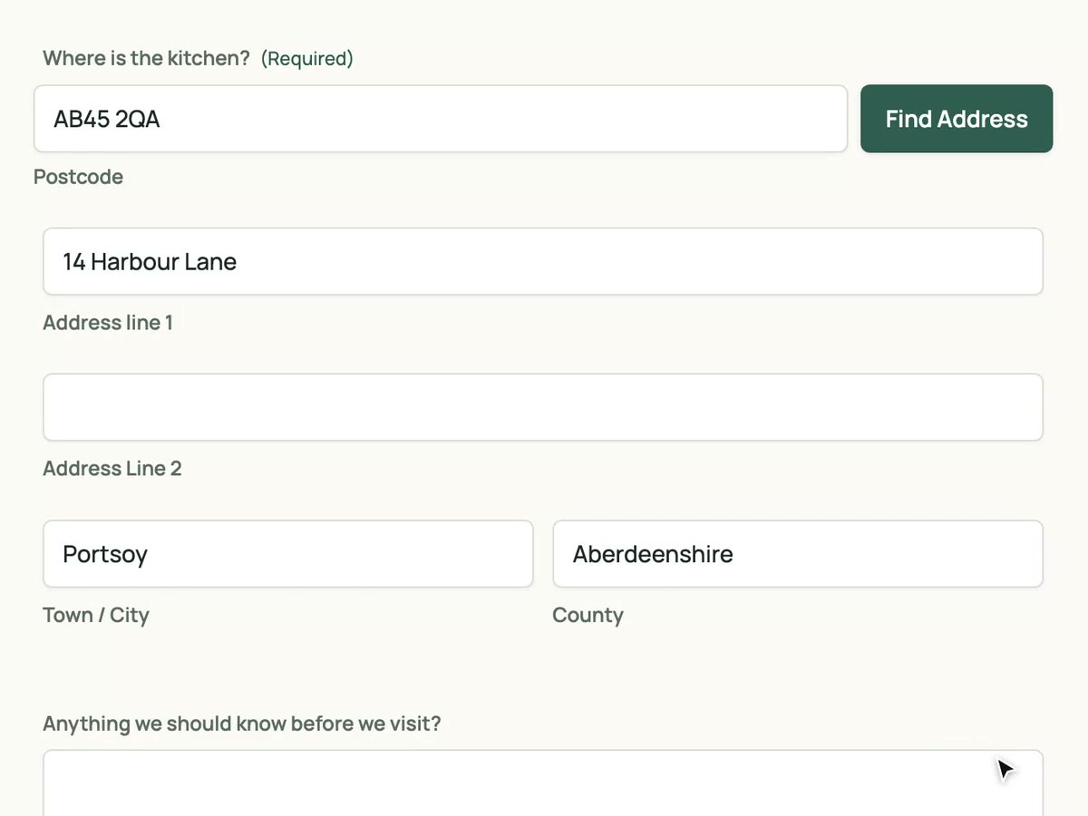 A visitor types a postcode into a Gravity Forms address field, clicks Find Address, picks their address and the address inputs fill in