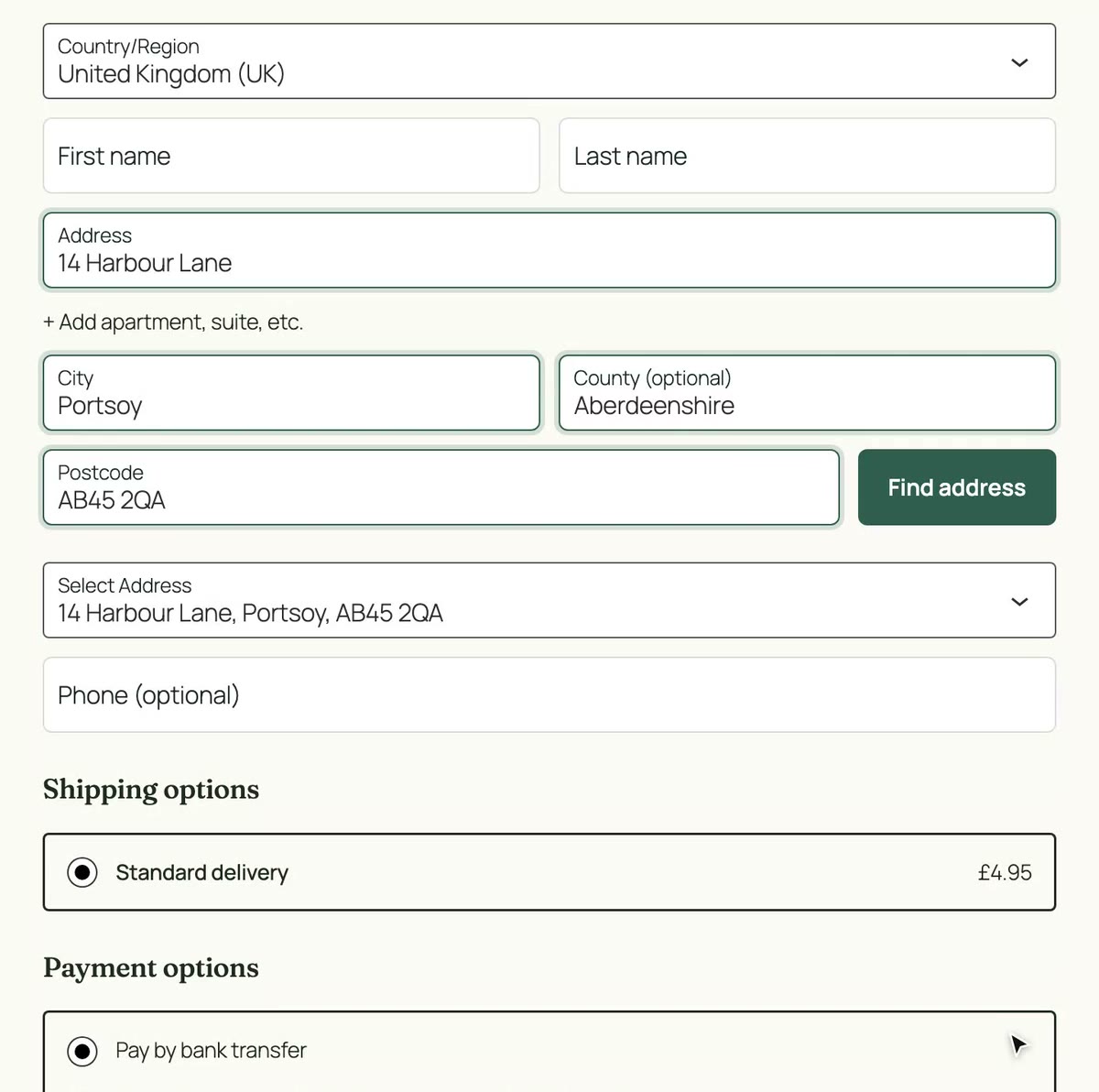 A shopper types a postcode in the WooCommerce Checkout block, clicks Find address, picks their address and the billing fields fill in